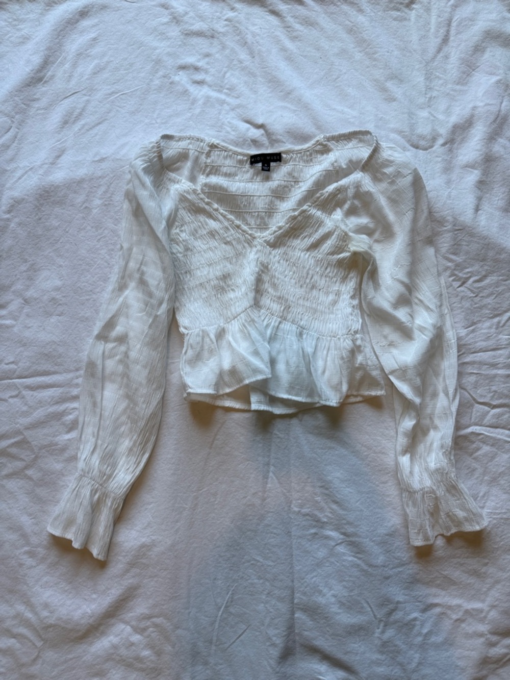 White Smocked Peplum V-Neck Long-Sleeve Blouse